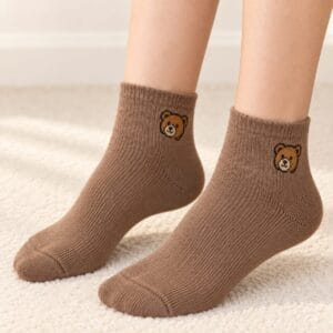 Short Socks with Bear Embroidery – Light Brown