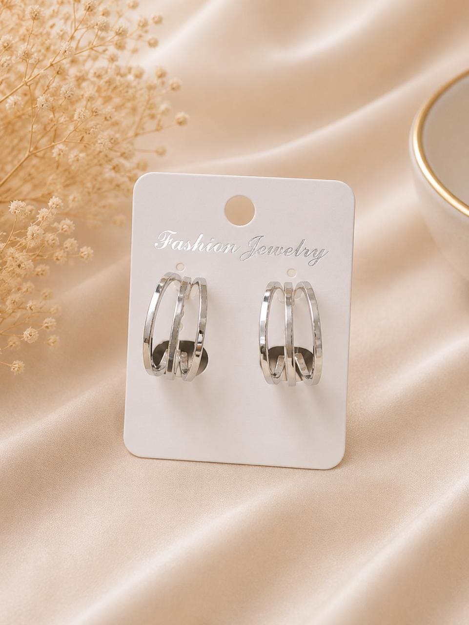 Silver Three-Line Hoop Earrings