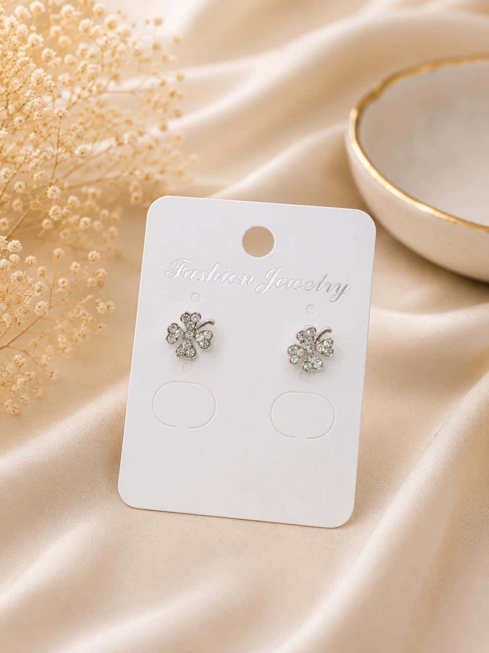 Silver Clover Stud Earrings with Crystal Stones