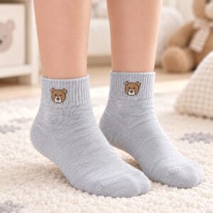 Short Socks with Bear Embroidery – Light Gray