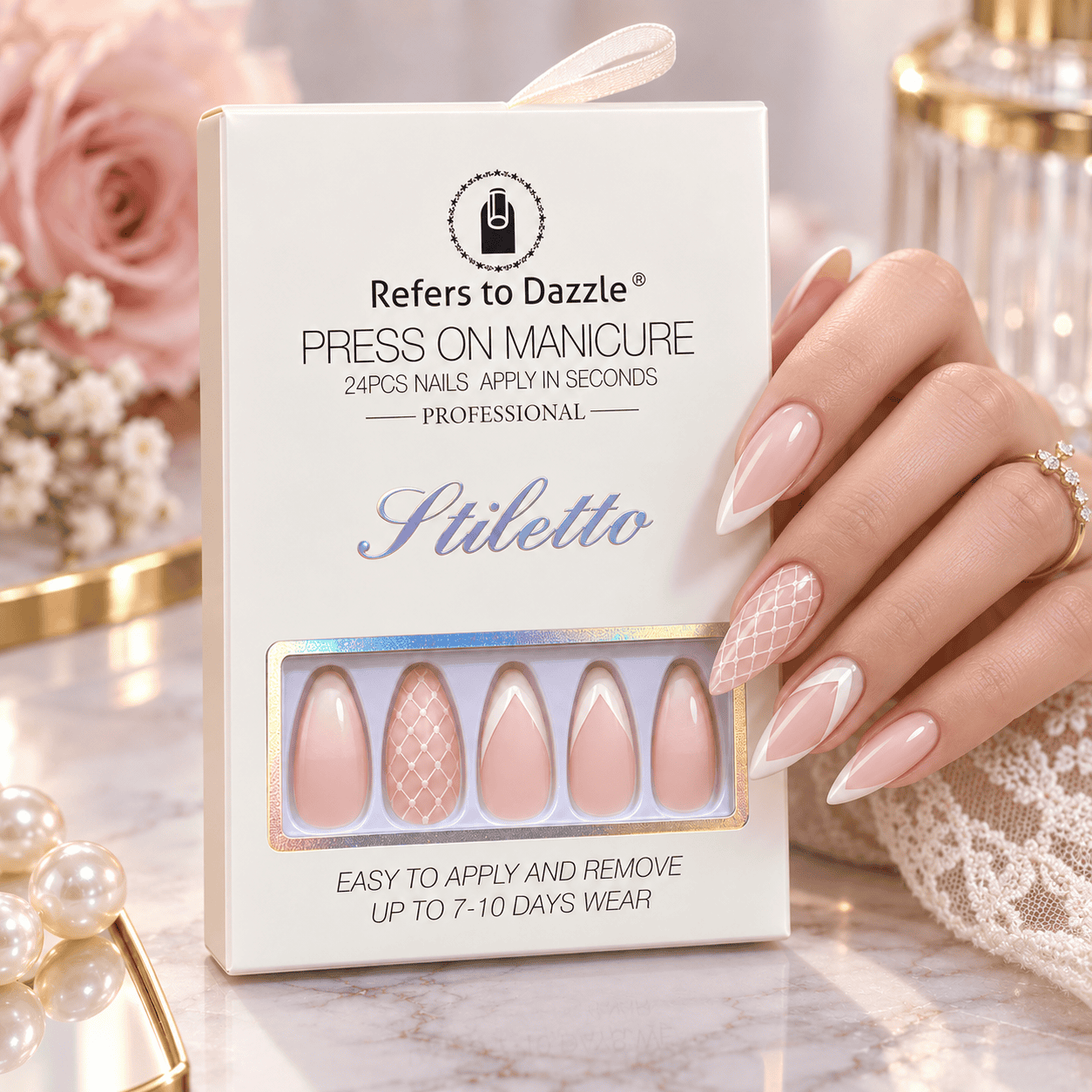 Refers to Dazzle 24-Piece Nude Pointed Press-On Nails with White French Tips and Mesh Pattern
