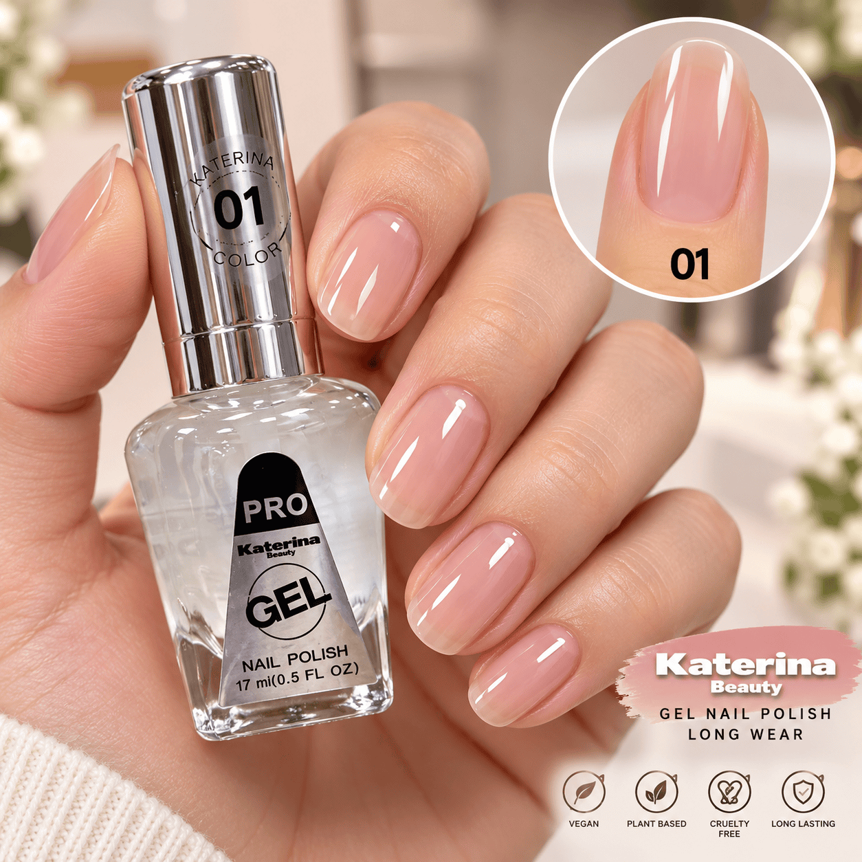 مناكير بلمعة الجل Katerina Beauty Miracle Gel - رقم 01 شفاف بلمسة نود