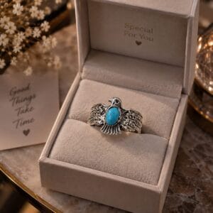 A silver ring with an eagle design and a turquoise stone.