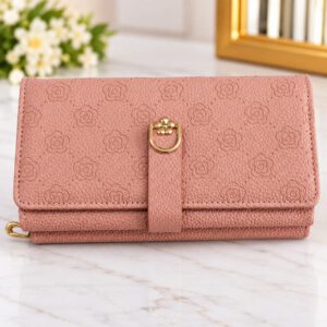 Women's long multi-pocket wallet with zipper and hand strap – Pink