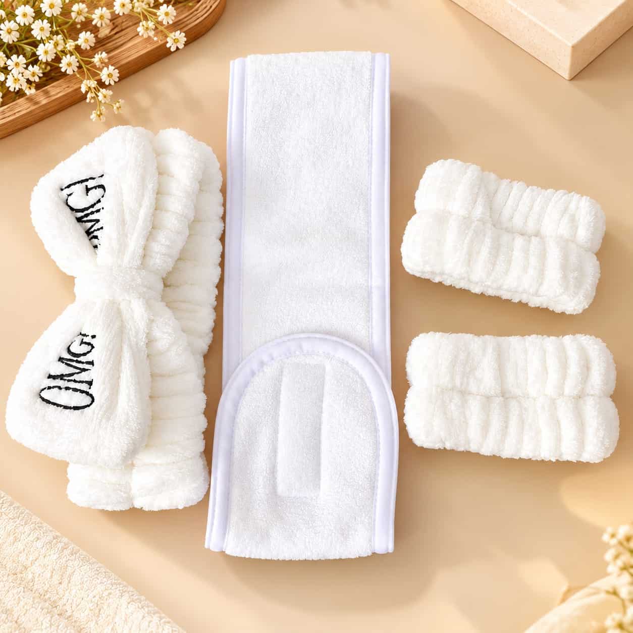 4-piece skincare and hair care bandana accessory set – white