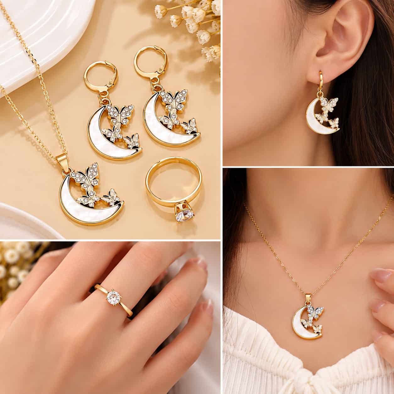 Women's gold accessory set with butterfly and crescent moon design – 4 pieces