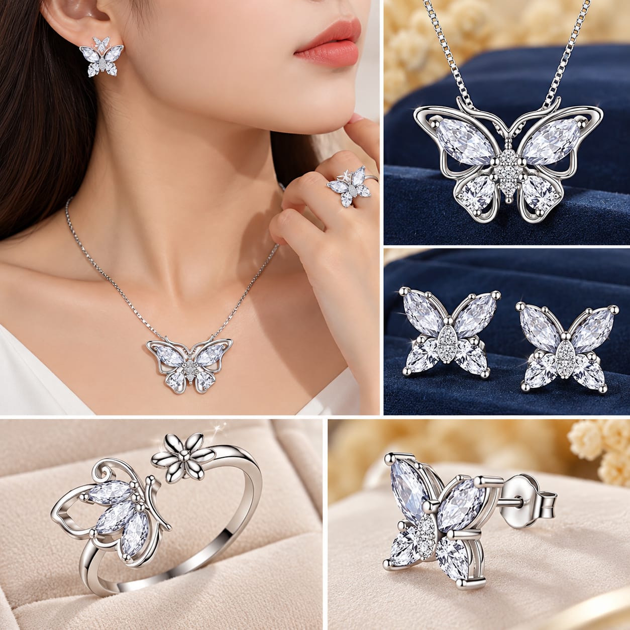 Women's silver butterfly design accessory set – 3 pieces