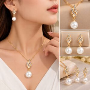 طقم إكسسوارات نسائي ذهبي باللؤلؤ الأبيض