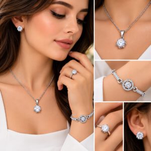 طقم إكسسوارات نسائي فضي فاخر مرصع  – سلسال وإسوارة وخاتم وحلق