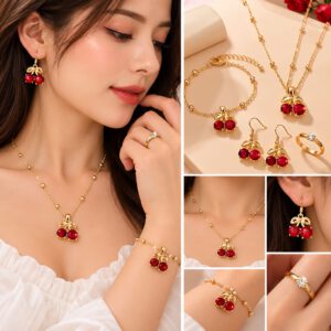 طقم إكسسوار بتصميم الكرز الأحمر سلسال إسوارة خاتم وزوج حلق