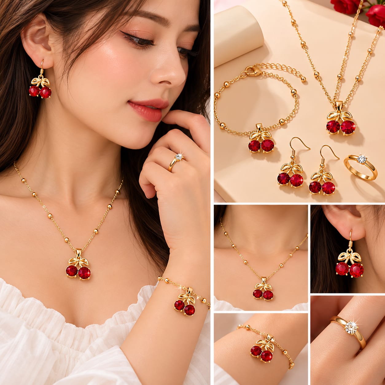 Red cherry design accessory set: necklace, bracelet, ring, and pair of earrings