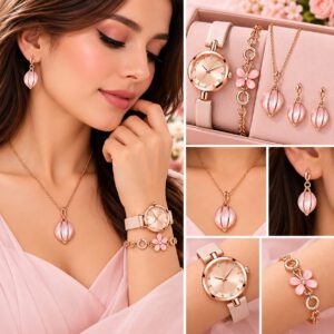طقم ساعة نسائية روز جولد مع إكسسوارات وردية بتصميم الوردة والقطرة – 4 قطع
