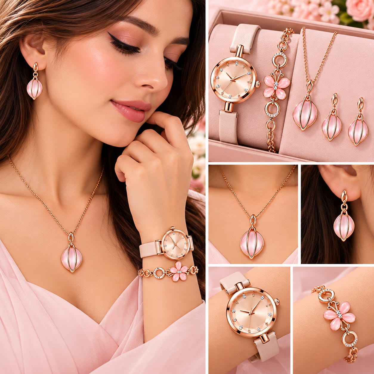 طقم ساعة نسائية روز جولد مع إكسسوارات وردية بتصميم الوردة والقطرة – 4 قطع