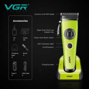ماكينة حلاقة الشعر الاحترافية VGR V-880C بمحرك BLDC وقاعدة شحن – اللون الأخضر