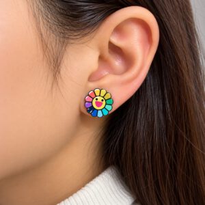 حلق بناتي أقراط على شكل وردة ملونة بوجه مبتسم – حلق زهور قوس قزح