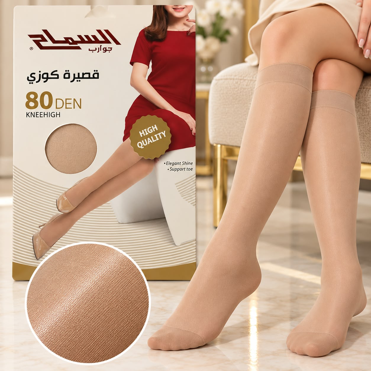 جرابات السماح النسائية للركبة – لون بيج لحمي – 80 DEN