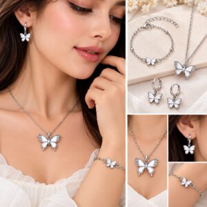 طقم الإكسسوارات النسائي الفضي بتصميم الفراشة البيضاء