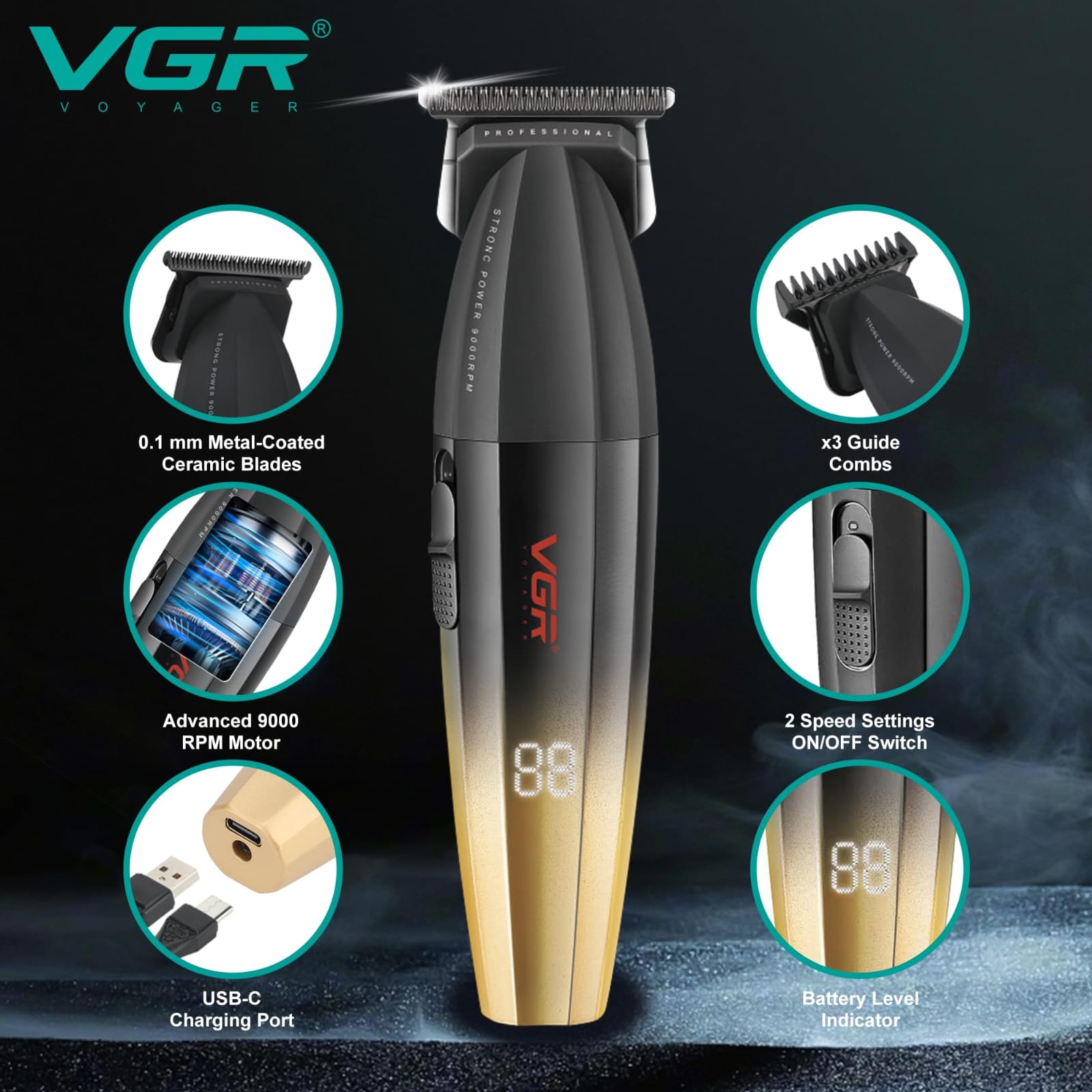 ماكينة تحديد الشعر واللحية الاحترافية VGR V-906 – محرك توربو 9000 دورة